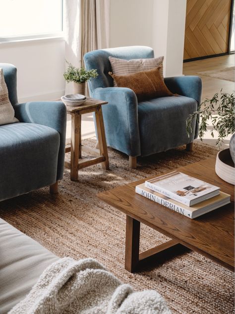 Jenna Barton, Light Oak Floors, Blue Velvet Chairs, Blue Accent Chairs, Blue Chairs Living Room, Interior Design Elements, White Brick, Blue Chair, Blue Living Room