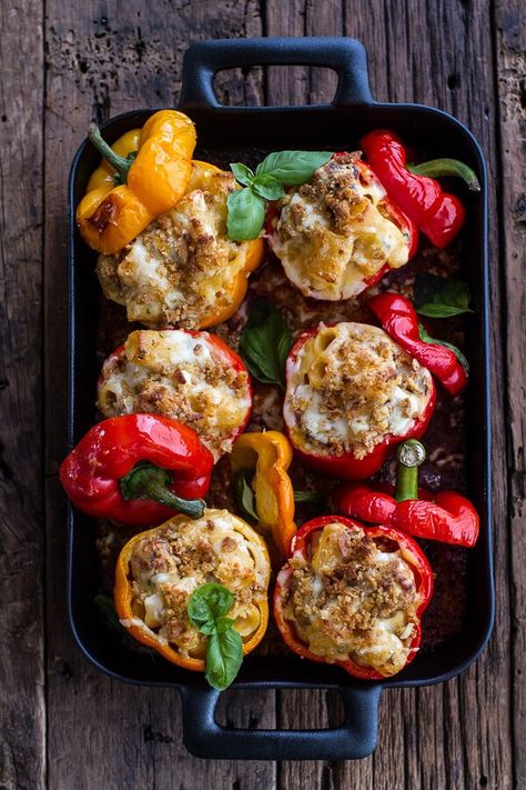 Mini Italian Meatball Mac and Cheese Stuffed Peppers | HBH Best Stuffed Pepper Recipe, Beer Soup, Italian Meatball, Pepper Recipes, Italian Chicken Sausage, Bell Pepper Recipes, Cheese Stuffed Peppers, Italian Meatballs, Half Baked