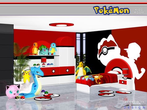 Pokemon kid's room, Single Bed Headboard Nightstand (left and right) Table Lamp Ceiling Fixture Dresser Sideboard Bookshelf Ash Silhouette Rug Wallpaper 3 Kids Bedroom, Pokemon Bedroom, Pokemon Decor, Pokemon Room, Sims 4 Bedroom, Dekorasi Kamar Tidur, Kids Study, Sims 4 Cc Furniture, Kids Bedroom Sets