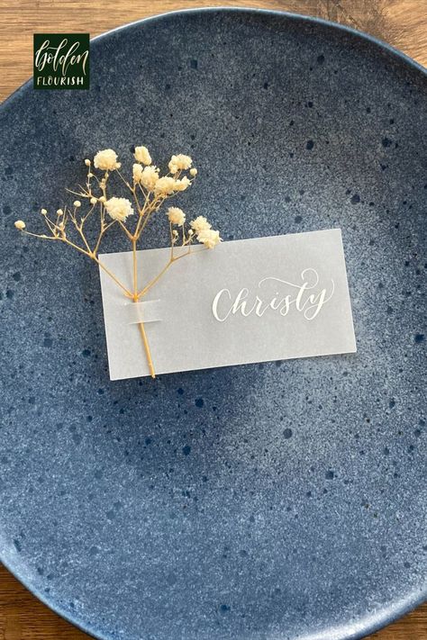 photo of bespoke lavender placename with 'Christy' in calligraphy Wedding Table Place Settings, Event Table Settings, Wedding Name Tags, Summer Favors, Elegant Place, Table Name Cards, Spring Wedding Decorations, Wedding Table Names, Wedding Place Settings