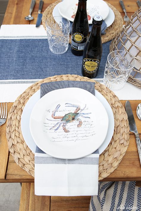 Casually Elegant Coastal Inspired Entertaining via Ella Claire Blog for Cost Plus World Market www.worldmarket.com #CelebrateOutdoors Florida Centerpieces, Coastal Table Setting, Place Setting Ideas, Ella Claire, Coastal Table, Rattan Charger, Nautical Table, Coastal Bathrooms, Outdoor Dinner