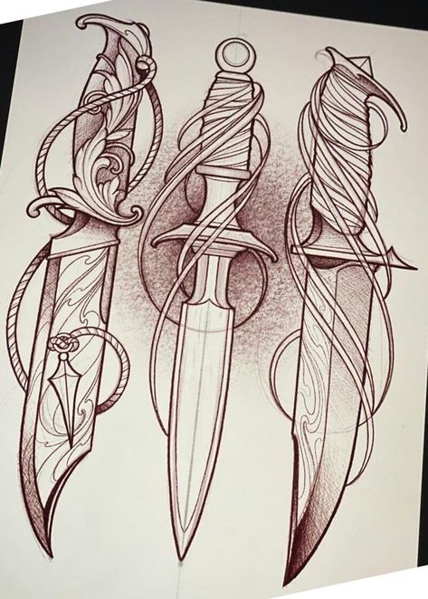 Dagger Drawing, Traditional Dagger Tattoo, Traditional Dagger, Neo Tattoo, Knife Tattoo, Dagger Tattoo, Tattoo Art Drawings, Dark Tattoo, Tattoo Flash Art