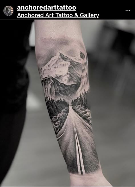 Feminine Mountain Sleeve Tattoo, Scenery Tattoos For Men, Highway Tattoo Ideas, Immigration Tattoo, Mountain Road Tattoo, Road Tattoo Design, Mountain Tattoo Sleeve, Trucker Tattoo, Cabin Tattoo