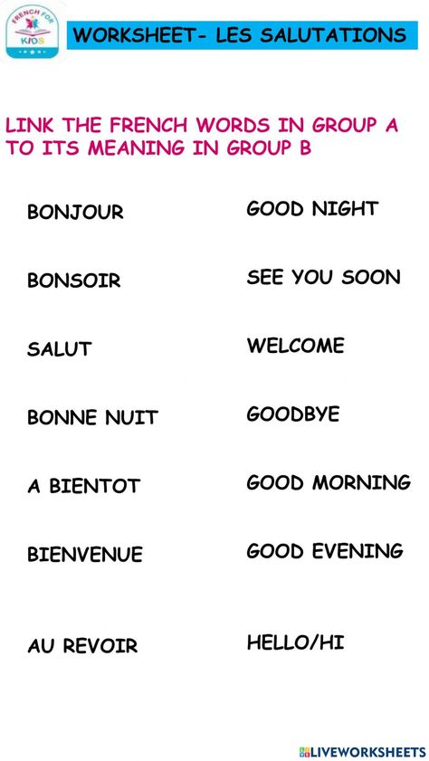 French For Beginners Worksheets, French Greetings Worksheet, French Worksheets For Beginners, Greetings In French, French Greetings, French Alphabet, Card Workout, French Worksheets, French For Beginners