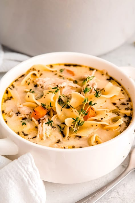 Creamy Turkey Noodle Soup - The Oregon Dietitian Creamy Turkey Soup Recipes, Healthy Turkey Soup, Creamy Turkey Noodle Soup, Turkey And Noodles, Cream Of Turkey Soup, Creamy Turkey Soup, Turkey Noodle Soup, Egg Noodle Recipes, Paleo Thanksgiving