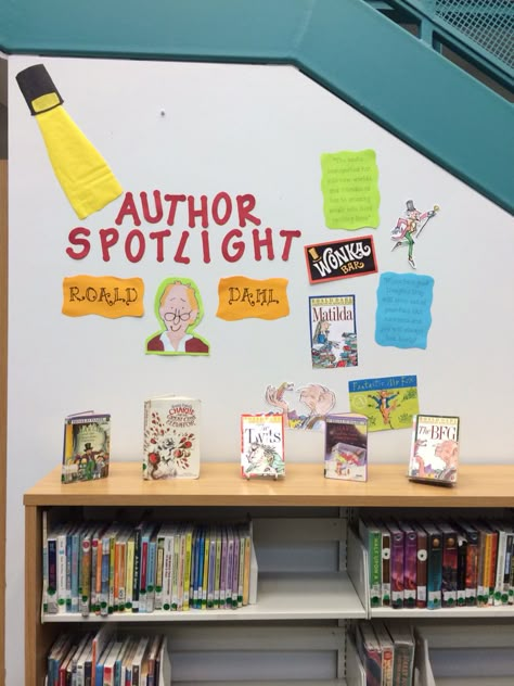 Author spotlight library display made by @lacemeier School Library Classroom Management, Author Spotlight Bulletin Board, Author Of The Month Bulletin Board, Author Bulletin Board Ideas, Author Spotlight Display, Author Of The Month Display, Ya Library Displays, Library Back To School Displays, Library Displays School