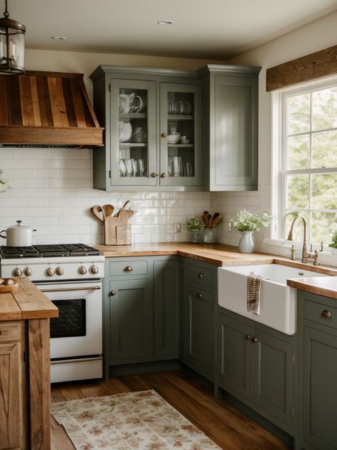 Blue Cabinet With Butcher Block Top, Back Of Kitchen Peninsula Ideas, Two Toned U Shaped Kitchen, Kitchen Interior Spanish, Sage Green Boho Kitchen, Pale Green Cabinets, Navy Blue And Green Kitchen, Kitchen Ideas Two Tone Cabinets, Cottage Kitchen Green