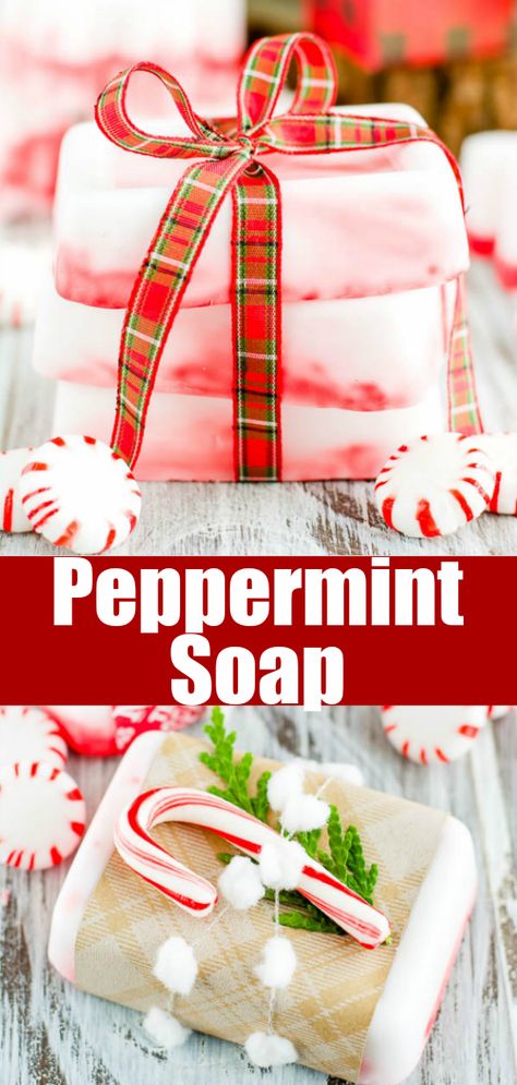 Peppermint Gift Ideas, Candy Cane Soap Recipe, Peppermint Soap Recipe Melt And Pour, Winter Melt And Pour Soap Recipes, Hot Process Christmas Soap Recipes, Diy Christmas Melt And Pour Soap, Holiday Soap Recipes, Homemade Christmas Soap Recipes, Christmas Soap Recipes Melt And Pour