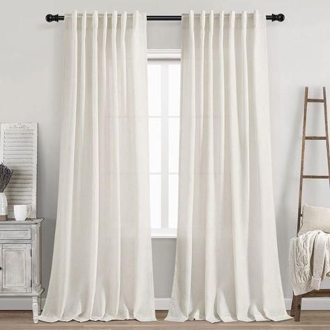 Back Tab Curtains, Neutral Modern Farmhouse, Natural Curtains, White Linen Curtains, Neutral Curtains, Linen Curtain Panels, Farmhouse Window, Dining Room Curtains, Tab Curtains