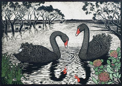 Rachel Newling (Australian contemporary artist and printmaker) - Black Swans - Hand coloured linocut on handmade Japanese paper Tiny Cloakroom, Rachel Newling, Cloakroom Ideas, Linocut Artists, Black Swans, Swan Jewelry, Lino Cuts, Swans Art, Linocut Art