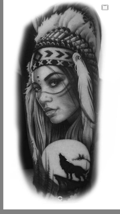 Native American wolf tattoos for women Indian Woman Tattoo, Native American Woman Tattoo, Flash Sleeve, Indian Girl Tattoo, Black And White Traditional Tattoo, Forearm Tattoos For Guys, Indian Women Tattoo, Native American Wolf Tattoo, Wolf Girl Tattoos