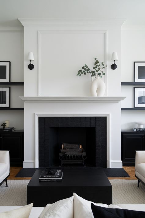 45 Stunning Black and White Living Room Ideas to Transform Your Space Black Fireplace And White Walls, White Walls With Black Fireplace, White Fireplace With Black Built Ins, White Brick Fireplace With Black Mantle, Beige Black And White Living Room, Black And White Family Room, Cape House Interior Design, Black And White Fireplace, Mid Century Brick