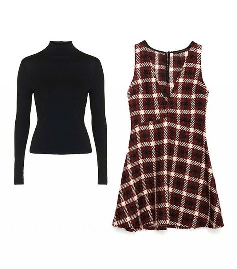 Topshop Clean Roll-Neck Top Zara Check Dress Dress And Turtleneck Outfit, Turtle Neck Under Dress, Turtle Neck With Skirt, Turtleneck Under Dress Outfit, Turtleneck Dress Layering, Dress Over Turtleneck, Turtleneck And Dress, Turtleneck Under Dress, Dress Layering