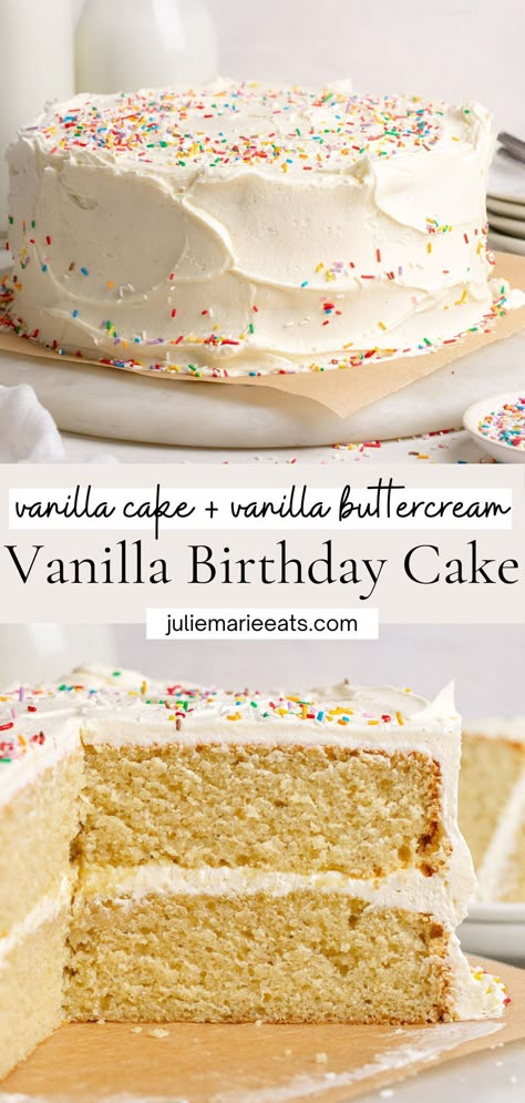 The best soft and moist Classic Vanilla Birthday Cake! These easy and delicious layers of moist vanilla cake are sandwiched together with smooth vanilla buttercream frosting! Easy Vanilla Cake Recipe From Scratch, Homemade Cake Mix Recipes, Vanilla Cake Recipe Moist, Vanilla Birthday Cake Recipe, Best Homemade Cake, Vanilla Cake From Scratch, Cake Mix Ideas, Best Birthday Cake Recipe, Holiday Dessert Ideas