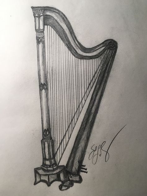 Harp Sketch, Harp Drawing, Musical Instrument Drawing, Instrument Drawing, Musical Instruments Drawing, Hard Drawings, Tot Bag, Realistic Pencil Drawings, Sketching Ideas