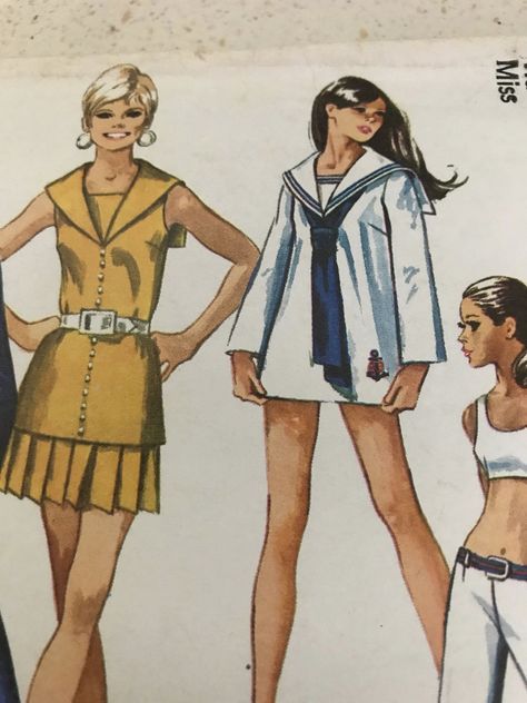 Hip Hugger Bell Bottom Pants, Bra Top, Pleated Mini Skirt, Sailor Over Blouse Top w/wo Sleeves Vintage 1970 Size 10 18 Pc. Sewing Pattern Space Age Fashion 1960s, Mini Skirt Looks, Vintage Blouse Pattern, Christmas Sketches, Top Pattern Sewing, Space Age Fashion, Vintage Sewing Patterns Free, 70s Sewing Patterns, Unique Sewing Patterns