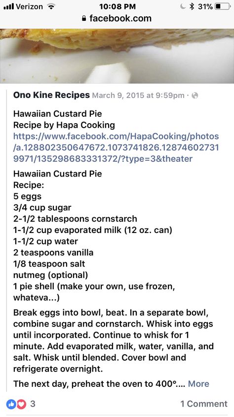 Hawaiian Style Custard Pie Recipe, Hawaiian Custard Pie Recipe, Dobash Cake, Custard Pie Recipe Easy, Hawaii Desserts, Hawaiian Dessert Recipes, Custard Toast, Ono Kine Recipes, Hawaiian Desserts