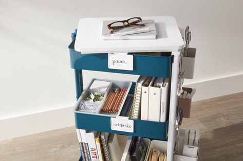 Container Stories: New Accessories Take Our 3-Tier Cart To The Next Level 3 Tier Cart Organization, Desk Organizing Ideas, 3 Tier Cart, Cart Organization, Office Cart, Desk Organizing, College Resources, Storing Craft Supplies, Rolling Cart