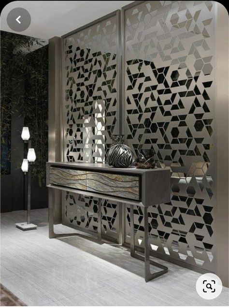 Wall Partition Design, Jaali Design, Interior Design Per La Casa, Metal Console Table, Console Table With Drawers, Table With Drawers, Metal Console, Duplex House Design, Living Room Partition