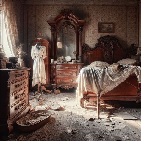 An abandoned Victorian bedroom, a chaotic blend of faded grandeur. The white dress, a lonely relic, hangs from a rusted bedpost, embodying… | Instagram Abandoned Bedroom Aesthetic, Abandoned Bedroom, Old Victorian Homes, Victorian Bedroom, Project Board, Visual Language, Kestrel, Abandoned Houses, Bedroom Aesthetic