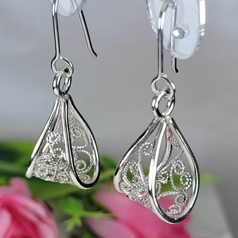 Filigree earrings, Floral silver earrings, Silver long earrings, Art nouveau earrings, Sterling silver dainty earrings, Filigree art jewelry Silver Modern Jewelry, Silver Filigree Jewelry, Nouveau Earrings, Silver Long Earrings, Art Nouveau Earrings, Bijoux Art Nouveau, Art Nouveau Earring, Nouveau Jewelry, Bridesmaid Pearls