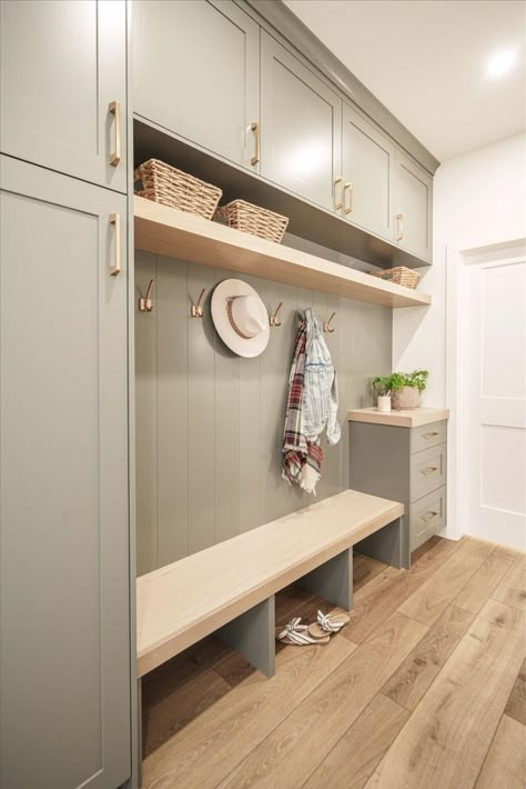 Mudroom And Storage Room, Built In Storage Wall Mudroom, Mudroom Bench With Tall Cabinet, Mud Room Cabinetry, L Shaped Mudroom Bench With Storage, Front Door Landing Entryway, Mudroom Floating Shelves, Mudroom Entryway Storage Cabinets, Narrow Mud Room Ideas