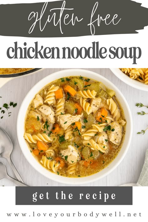 This ultra-satisfying gluten-free chicken noodle soup is everything you imagine when you think of this classic and comforting dish. Loaded with carrots, celery, gluten-free rotini pasta, and tender chicken breast, this healthy and hearty soup will warm you on the coldest of days. Gluten Free Noodle Soup, Gluten Free Chicken Soup, Gluten Free Chicken Noodle Soup, Easy Gluten Free Meals, Gluten Free Fall Recipes, Soup Paleo, Chicken Noodle Soup Recipe, Meal Rotation, Easy Gluten Free Recipes