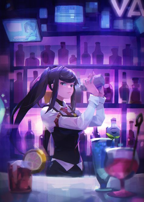 Don Corgi 🐧 (@DonCorgi) / Twitter Bartender Pose Reference, Bartender Character Design, Bartender Character, Bartender Illustration, Bartender Anime, Bar Reference, Jill Stingray, Bar Drawing, Cyberpunk Bartender