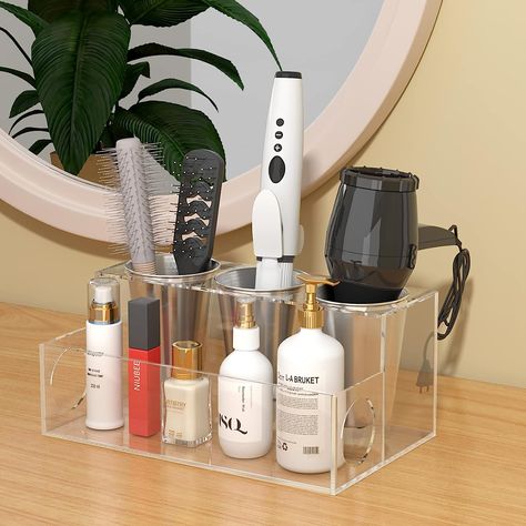 Haircare, Organizing bins, organize, clean, clean girl, aesthetic, natural, organic Bathroom Countertop Storage, Blow Dryer Holder, Hair Tool Organizer, Organization Station, Acrylic Shelf, Hair Tool, How To Install Countertops, Hair Dryer Holder, Bathroom Countertop