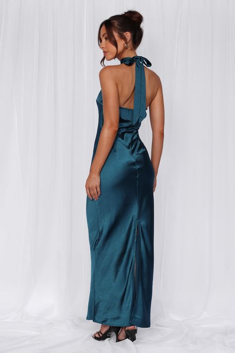 Length from neck to hem of size S: 142cm. 
 Chest: 36cm, Waist: 34cm, across front only of size S. 
 Maxi dress. 
 Lined. 
 Model is a standard XS and is wearing size XS. 
 True to size. 
 Non-stretch. 
 Luxurious satin. 
 Halter tie neckline. 
 High neck. 
 Elastic back. 
 Vent extension. 
 Straight, flowy silhouette. 
 Zipper with hook eye closure.  
 Cold hand wash only. 
 Polyester. 
 This material is very delicate. Please handle with care. 
 Please Note: This product is a Exclusive.  
 
 St Dress Pro, Candy Dress, Skirt Straight, Maxi Dress Wedding, Satin Maxi, Satin Maxi Dress, Skirt Design, Shop Maxi Dresses, Hook Eye