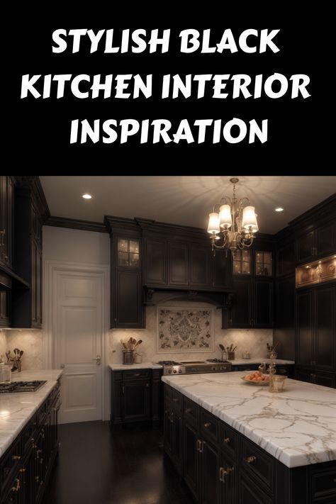 Stylish black kitchen with marble countertops and a chandelier. Black Interior Kitchen, Black Kitchen Interior, Black Dishes, Real Apartment, Kitchen Interior Inspiration, Black Cabinetry, Black Kitchen Design, Glam Kitchen, Wooden Countertops