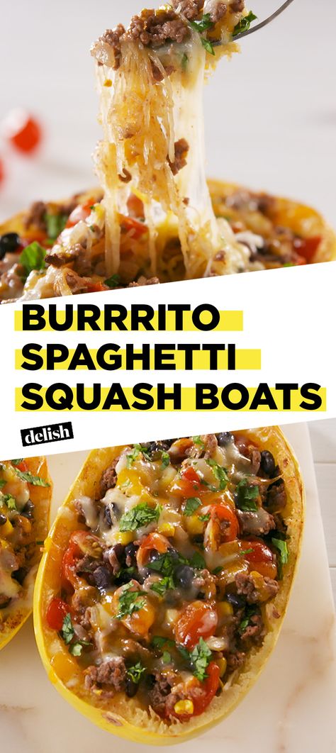 great for lunch or 86 the corn and black beans for dinner! Spaghetti Squash Recipes Chicken, Spaghetti Squash Recipes Vegan, Corn And Black Beans, Spaghetti Squash Boats, Spaghetti Squash Boat, Spaghetti Squash Recipes Healthy, Spaghetti Squash Recipes Easy, Low Carb Clean Eating, Squash Boats