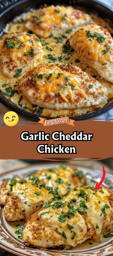 Dive into the rich flavors of Garlic Cheddar Chicken, where tender chicken breasts are smothered in a creamy garlic and cheddar cheese sauce. This dish combines the sharp taste of cheddar with the aromatic warmth of garlic, creating a comforting meal that's perfect for a family dinner or a cozy night in. Garlic Cheddar Chicken, Quick Chicken Breast Recipes, Garlic Cheddar, Breadcrumb Topping, Cheddar Cheese Sauce, Cheddar Chicken, Chicken Breast Recipes Baked, Chicken Breast Recipes Easy, Easy Chicken Breast