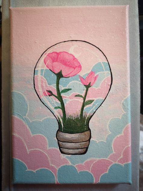 Acrylic painting of flowers growing in lightbulb floting in The clouds Pastel Painting Ideas Acrylics, Light Canvas Painting, Lightbulb Painting, East Painting Ideas, Pastel Acrylic Painting, Cute Easy Paintings, Canvas Art Painting Acrylic, Painting Of Flowers, Abstract Pencil Drawings