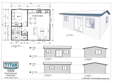 Titan Homes #2 Gable Roof 45m2 www.titangaragesandsheds.com.au Outdoor Studio, Skillion Roof, Free House Plans, House Construction Plan, Gable Roof, Granny Flat, Small House, Tiny House, Roof