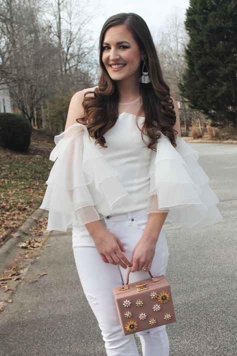 Pairie Jewelry and Organza Sleeves / Jessica Broyles White Organza Top, Jessica Broyles, Shein Jeans, Girls Jewelry Box, Organza Top, Organza Sleeves, Embellished Bags, Top Shein, All White Outfit