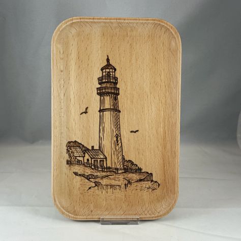 Lighthouse on Rocky Shore Beechwood Tray| Pyrography/Wood Burning| Home Jewelry Organization Display| Kitchen Decor Charcuterie Board Block by HappyThoughts108 on Etsy Ocean Lighthouse, Display Kitchen, Drawing Ideas List, Wood Burning Ideas, Rocky Shore, Wood Burning Art, Decorative Trays, Pyrography, Charcuterie Board