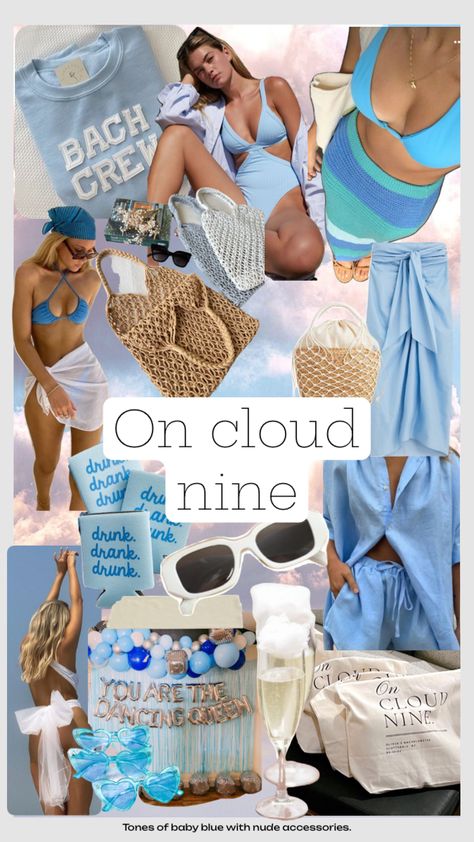 Something Blue Outfit Ideas, Something Blue Bachelorette Pool Party, Boat Bachelorette Outfit, On Cloud 9 Bridal Shower Theme Outfit, Resort Bachelorette Party, Bachelorette Weekend Outfits, On Cloud 9 Bachelorette, Last Splash Bachelorette Party, Bachelorette Outfit Themes