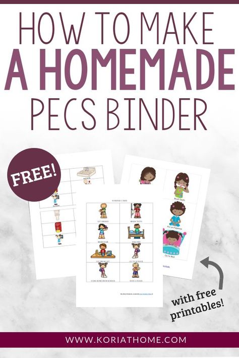 If you are looking to implement a simple visual schedule or communication system for your home, be sure to grab my free printables and check out this post on how to make a homemade PECS binder. #communication #pecs #visualschedules #freeprintables Pec Cards Free Printable, Pecs Communication Printables Free, Pecs Binder, Pecs Board, Pecs Pictures Printables, Pecs Printables, Pec Cards, Aac Device, Pecs Book