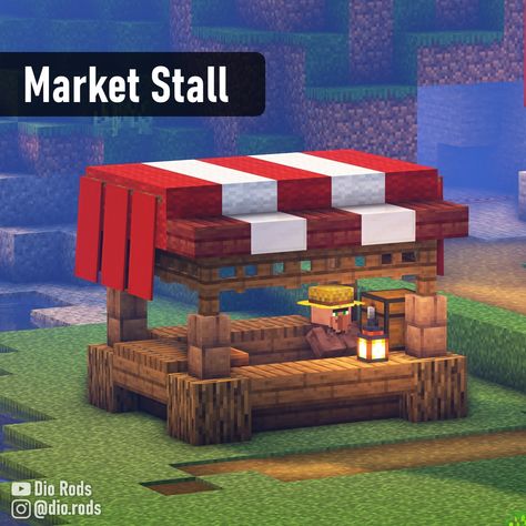 A white and red market stall that I made during my minecraft 1.19 let's play series. Made from spruce, wool, and mud walls. Link in the bio or search for Dio Rods to find it! Minecraft Villager Shop Idea, Minecraft Outdoor Market, Minecraft Ticket Booth Ideas, Minecraft Cute Shop Ideas, Minecraft Simple Decorations, Village Shop Minecraft, Markets Minecraft, Market Ideas Minecraft, Minecraft Farmer Market