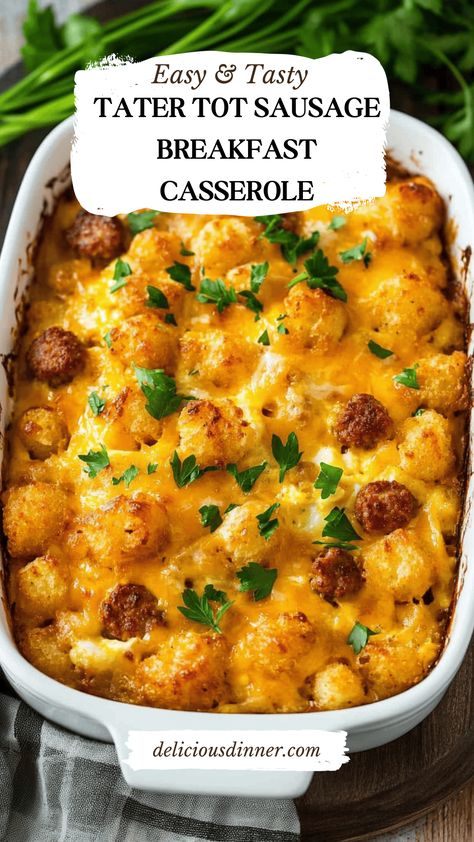 Tater Tot Sausage Breakfast Casserole - Delicious Dinner Tater Tot Bacon Breakfast Casserole, Tater Tots Casserole Breakfast, Breakfast Casserole Tater Tots Bacon, Breakfast Casserole With Tater Tots Overnight, Easy Simple Breakfast Casserole, Breakfast Cowboy Casserole, Christmas Breakfast Casserole Tater Tots, Pre Made Breakfast Casserole, Sausage Brunch Casserole