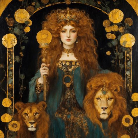 Rhea Print with lions, Mother Goddess, Greek mythology gift, gothic wall decor, cat lover, queen poster, green & gold art nouveau deco print Rhea Goddess, Goddess Greek, Divine Feminine Art, Gothic Wall Decor, Altar Art, Poster Green, Boho Space, Queen Poster, Earth Goddess