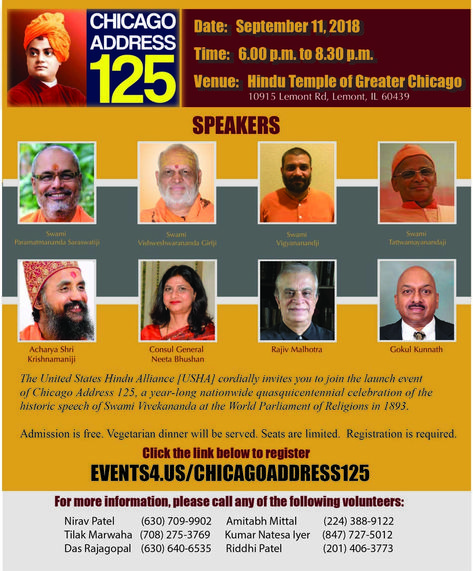 USHA invites you for celebration of the 125th anniversary of the historic Chicago address of Swami Vivekananda to the World Parliament of Religions on Tuesday – September 11, 2018  Event: Celebration of the historic speech of Swami Vivekananda at the World Parliament of Religious in 1893 Time: 6:00pm - 8:30pm   Date: Tuesday – September 11, 2018 Venue: Hindu Temple of Greater Chicago 10915 Lemont Rd, Lemont, IL 60439 Swami Vivekananda, Event Flyers, Hindu Temple, To The World, Temple, Chicago, Media