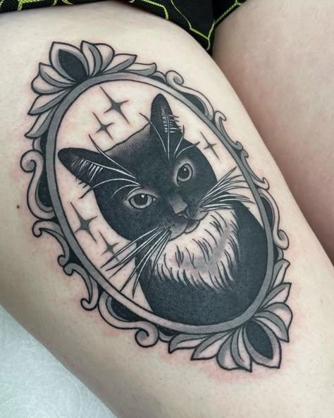 Tattoo Of Cats Ideas, Trad Black Cat Tattoo, Cat Portrait Tattoo Black And Grey, Traditional Kitten Tattoo, Detailed Cat Tattoo, American Traditional Tattoos Black Cat, House Cat Tattoo, Cat Tattoo 3 Cats, Dracula Inspired Tattoo