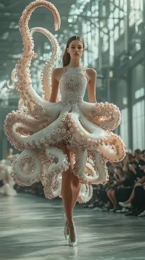 ↑↑↑ Larger size on website 🔸 A model walks the runway in a stunning, avant-garde dress made entirely of an octopus's tentacles. T Octopus Clothes, Octopus Dress, Brown Hair And Brown Eyes, Avant Garde Dresses, Octopus Tentacles, Brown Hair Brown Eyes, Model Walks, Fashion Themes, Long Brown Hair