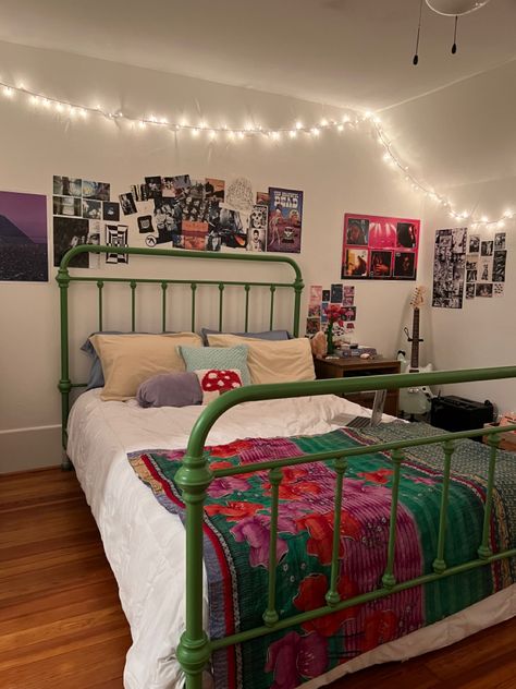 90s Decor, Green Bedding, Metal Bed Frame, Dream Spaces, Bedroom Inspo, New Room, Room Inspo, Bedroom Inspirations, Bed Frame