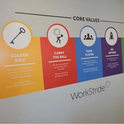 Environmental Graphics Office, Mission Statement Design, Values Display, Company Vision And Mission, Office Rules, Company Core Values, Healthcare Interior Design, Corporate Values, Office Wall Design