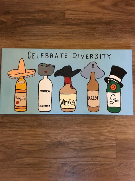 Create diversity - diy canvas - alcohol bottles - painted canvas Alcohol Bottle Painting Ideas On Canvas, Decor With Alcohol Bottles, Diversity Painting Ideas, Alcohol Bottle Painting On Canvas, Canvas Painting Ideas Frat, 21st Bday Painting, College Diy Painting, Fun College Paintings, College House Painting Ideas