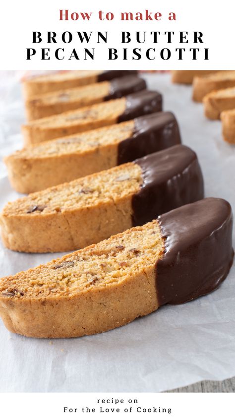 These irresistibly crispy brown butter pecan biscotti have a rich, nutty flavor and are dipped in dark chocolate to make them extra special.     #recipes #biscotti #brownbutter #desserts #easyrecipe #cookies Pecan Biscotti Recipe, Christmas Biscotti Recipe, Pecan Biscotti, Christmas Biscotti, Almond Biscotti Recipe, Chocolate Melting Wafers, Almond Biscotti, Biscotti Cookies, Butter Toffee