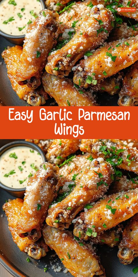 Make these easy Garlic Parmesan Wings at home! Crispy, golden wings coated in a rich garlic-parmesan sauce – an irresistible snack for any occasion. Air Fryer Chicken Wings Garlic Parmesan Dry Rub, Garlic Parm Dry Rub Wings, Chicken Wings At Home, Lemon Pepper Garlic Wings, Creamy Garlic Parmesan Sauce For Wings, Crispy Garlic Parmesan Wings, Pampered Chef Garlic Parmesan Seasoning, Wing Party Sides, Hot Garlic Parmesan Wings Sauce Recipes